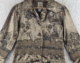 Vintage Flashback Floral Embellished Tapestry Paisley Gold Coat Sz M Festival