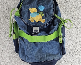 Vintage Winnie The Pooh Denim Embroidered Drawstring Buckle Backpack Satchel