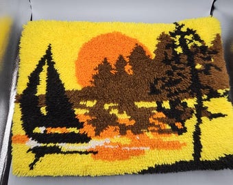 Vintage 70s Groovy Sailboat Sunset Nature Pillow Hand Made Latch Hook 25x19