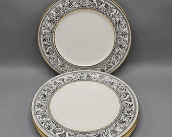 Wedgwood Florentine Black Dragon Bone China Gold Trim Plate Set Of 5 England