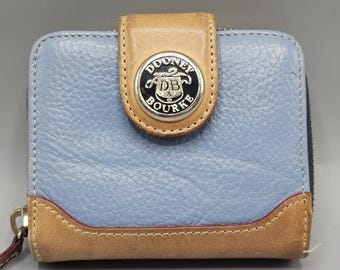 Vintage Dooney & Bourke Wallet Blue  Tan Pebbled Leather BiFold Zip Coin Purse