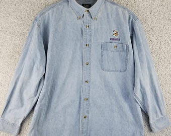 Vintage 90s Lee Sport Minnesota Vikings Light Wash Denim Button Shirt Sz XL