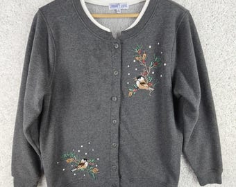 Vintage Liberty Lane Embroidered Cardinals Birds Cardigan Sweater Womens Large