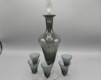 Vintage Empoli Italian Smoke Grey Decanter & Cordial Glasses Set 5 Twisted Foot