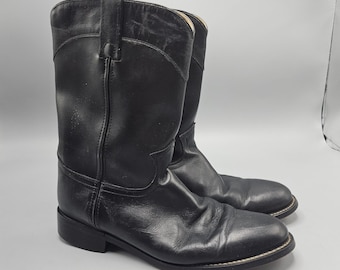 Justin Diamond J Black Leather Roper Boots Womens 8.5 B Western Cowboy Pull On