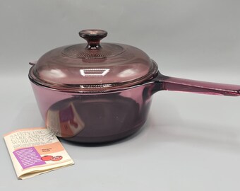 Vintage Vision Cranberry 2.5 L Glass Sauce Pan Corning Ware USA Teflon Bottom