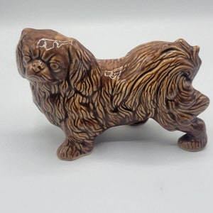 Vintage Chocolate Brown Glazed Pottery Pekingese Dog Figurine Great Condition