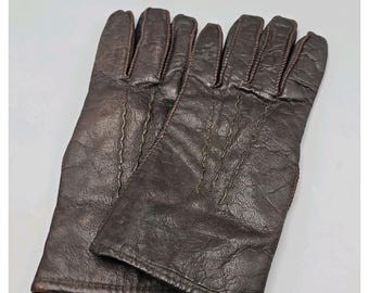 Vintage Women's Brown Leather Gloves Faux Fur W/ Decorative Stitching Size XS