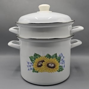 Vintage Emo Celje Sonnenblumen emaillierte Suppentopf Sieb 7 QT Grandmacore Cottage