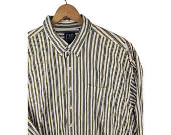 Vintage GAP Button Up Shirt Mens XL Gold Vertical Stripe Classic Dress Preppy