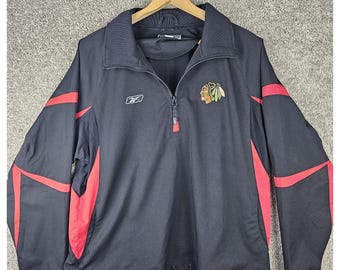 Reebok CCM Chicago Blackhawks Black & Red 1/4 Zip Vented Pullover Mens Large