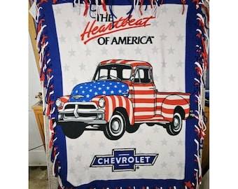 Chevrolet Heartbeat Of America Throw Blanket Red White Blue Tassles Truck 62X42
