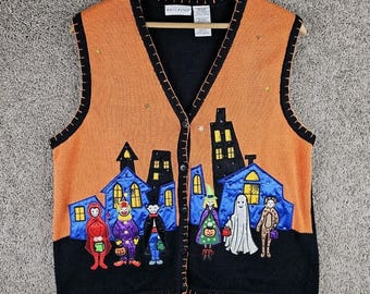 VTG 90s Teacher White Stag Halloween Trick Treat Sweater Vest Cardigan Womens XL