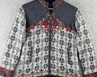 Vintage Icelandic Design Wool Nordic Snowflake Floral Embroidered Cardigan Sz S