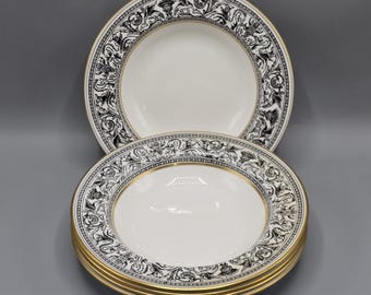 Wedgwood Florentine Black Dragons Gold Rim Soup Bowls 8" Set Of 5 Bone China
