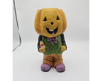 Pumpkin Head Standing Person Candy Bowl Distressed Plaster Halloween 12"