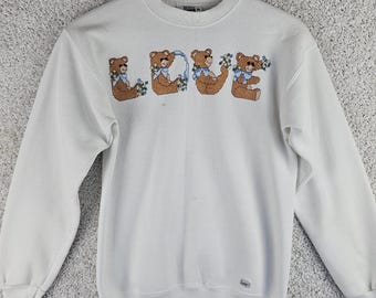 Moletom vintage Lee "Love" com bordado em ponto cruz de ursinhos de pelúcia, tamanho médio, fabricado nos EUA, anos 90.