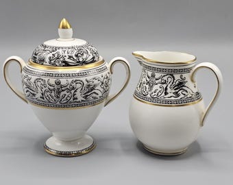 Wedgwood Florentine Black Dragon Sugar Bowl & Creamer Set Made In England Bone