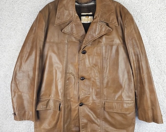 Vintage 70s Berco Genuine Leather Carmel Jacket Mens Large Faux Fur Zip Liper