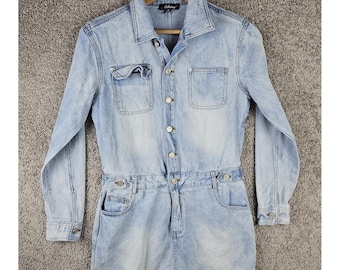 Vintage Athina Denim Light Wash Jumpsuit Dress Y2K Long Sleeves Women's Medium