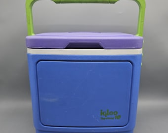 Vintage 90s Igloo Tag Along 10 Cooler Retro Rad Blue Neon Green Purple Made USA