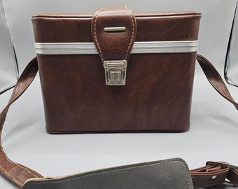 Vintage Brown Vinyl Stitched Camera Hard Case Shoulder Strap Bag