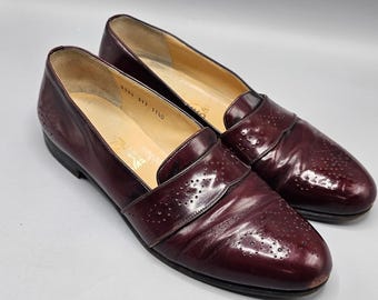 Vintage Salvatore Ferragamo Brogue Slip On Burgundy Loafers Men's 11.5 D Italy