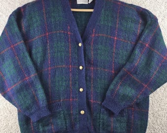 Vintage 80s Mohair Blend Plaid Sweater Cardigan Sz 3X Shoulder Pads Gold Buttons