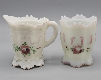 Vintage EAGP Dithridge Creamer & Sugar Bowl White Milk Glass Roses Hand Painted