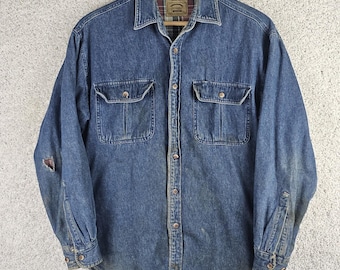 Vintage St John's Bay Plaid Lined Denim Shirt Size XL Work Field Distressed Farm