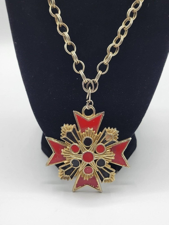 1960s Red and Black Enamel Maltese Cross Necklace 