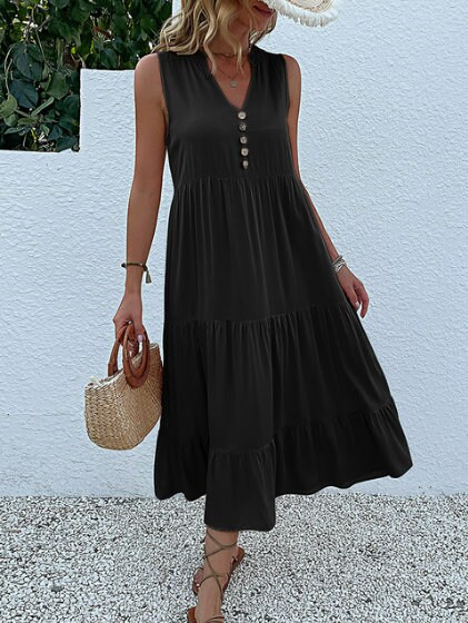 JIM & NORA Summer Women Sleeveless Tank V Neck Buttons Ruffle Loose Beach Solid Sun Fashion Midi Dress