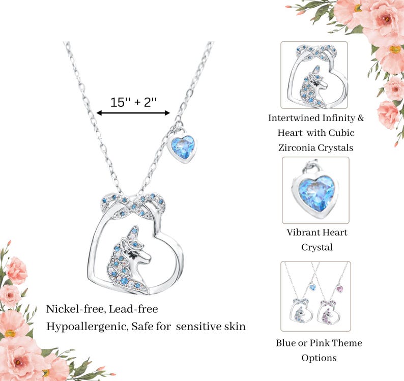 Unicorn Charm With Heart Pendant Necklace, 18K White Gold Plated