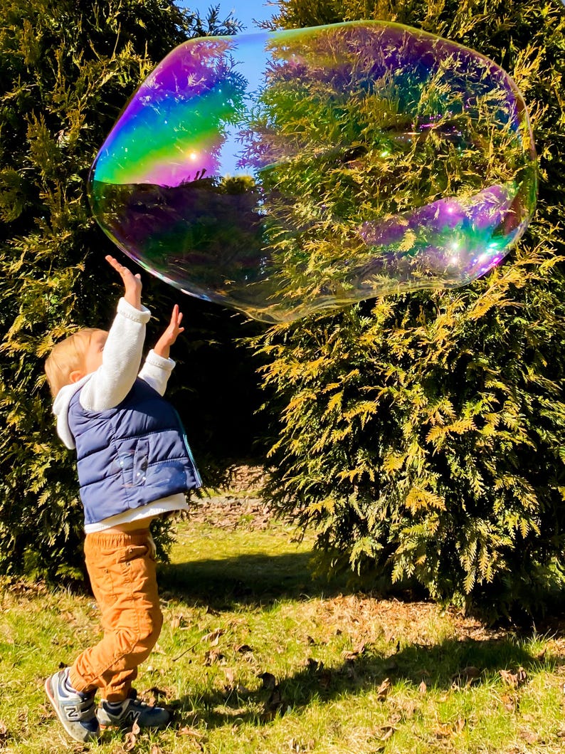 May include: A large, iridescent soap bubble with swirling rainbow colors floating in the air. The bubble has a thin, transparent film reflecting light, creating a spectrum of vibrant hues against a backdrop of green evergreen foliage.