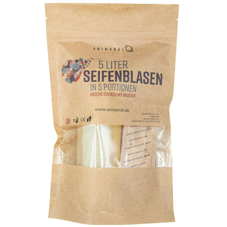 May include: A brown paper bag containing bubble solution. The bag has the text "ANIMANGI" at the top, with "5 LITER SEIFENBLASEN IN 5 PORTIONEN" printed below. A clear plastic pouch is visible through the bag.