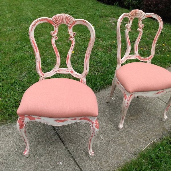 Set of 1920's Antique Painted Clamshell Back Wood Chairs, Seats, French Provincial Style Coastal, Boho, Cottage, Tropical