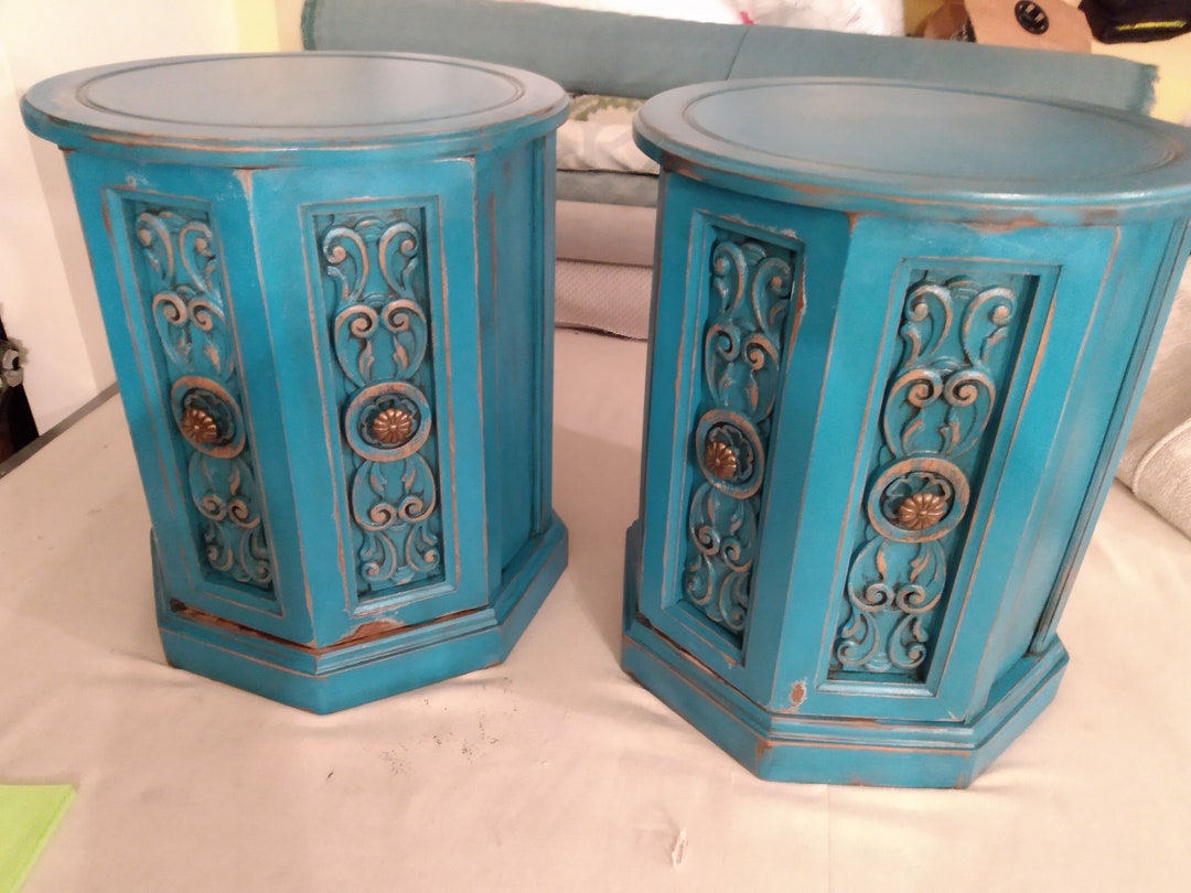 Vintage 1970's Set of Drum / Octagon End Tables Hand Etsy