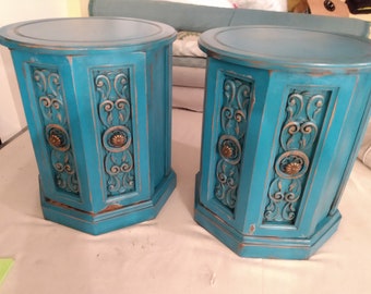 Vintage 1970's Set of Drum / Octagon End Tables Hand Painted nightstands, Sofa Tables