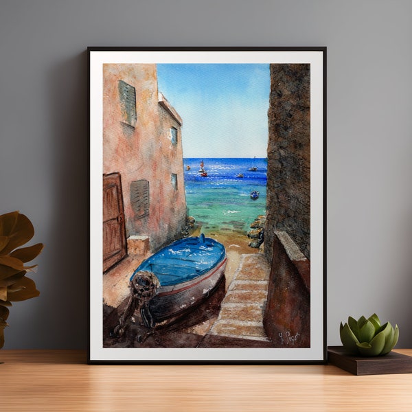 Côte de Scilla aquarelle calabre italie village nautique mer océan méditerranée bateau de pêche voyage souvenir cadeau paysage marin