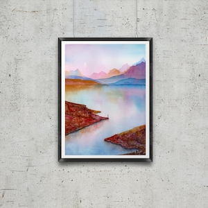 Montanhas Rochosas canadenses Picos em aquarela Lago Impressão Paisagem Natureza Vida Selvagem Canadá Obra de arte Presente Pintura Montanhas Parque Nacional de Banff Louise