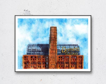 The Refinery at Domino, New York, Williamsburg, Brooklyn, Watercolour, Urban Landscape, Modern Wall Art, City, Building Illustration