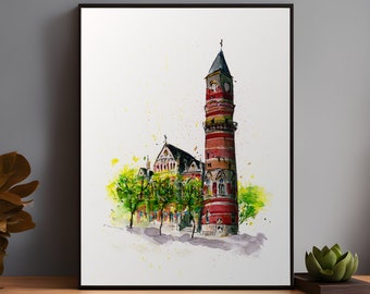 Jefferson Market Courthouse, Nowy Jork, Malarstwo miejskie, Akwarela, Krajobraz miejski, Wydruk, Ilustracja budynku