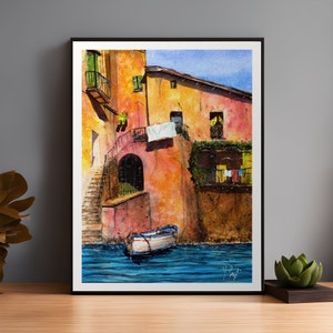Menton França Aquarela Casas Coloridas & Barco Riviera Francesa Presente Vibrante Litoral Arte Costeira Pintura Tableau Arte Mediterrâneo