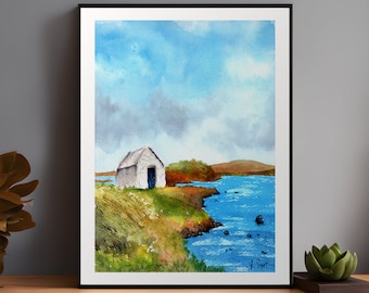 Connemara Watercolour Lakeside Cabin Mountains Irish Gift Lake Ireland House Landscape Art Painting Souvenir Travel Nature Decor Home Cosy