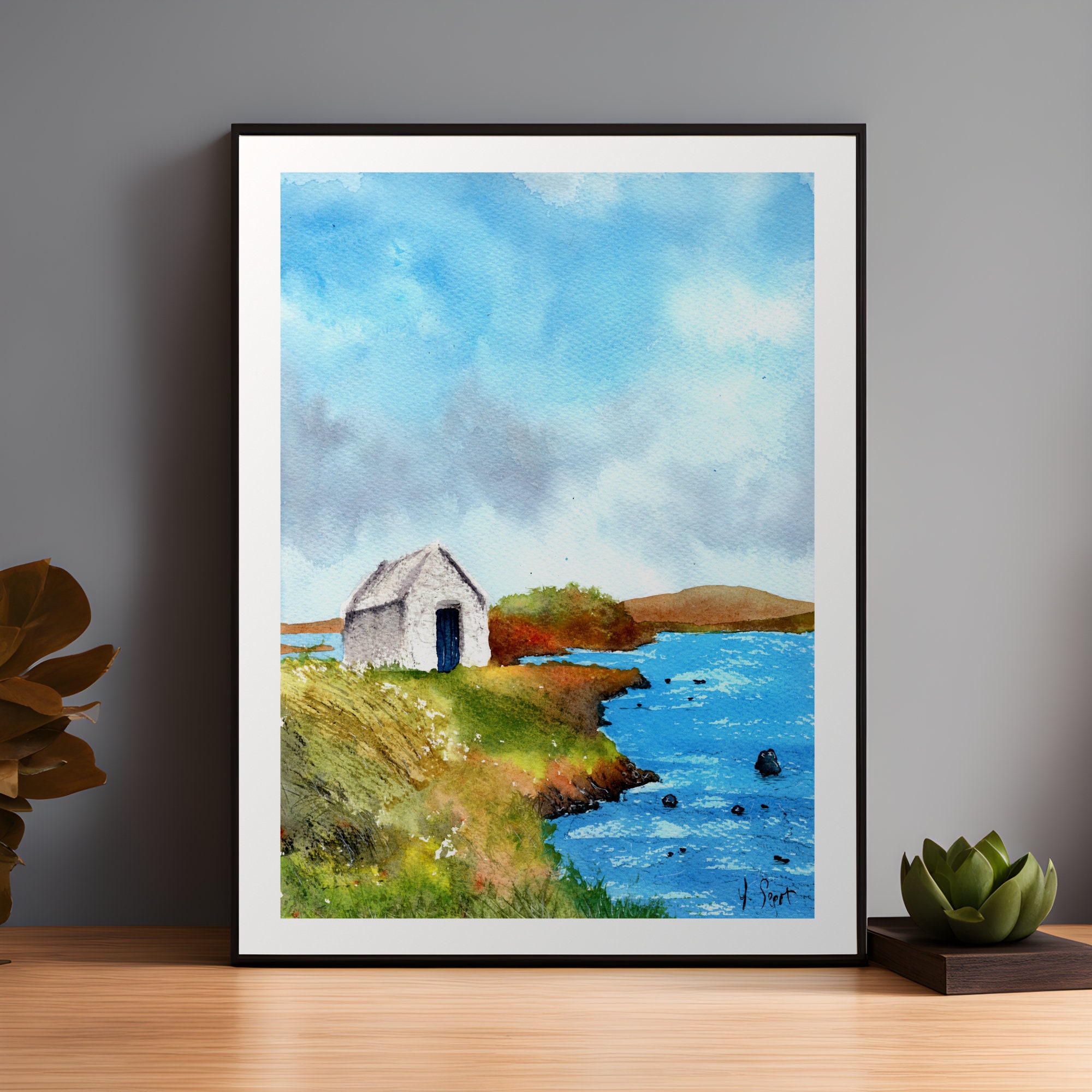 Connemara Akwarela Domek nad jeziorem Góry Irlandzki Prezent Jezioro Irlandia Dom Krajobraz Sztuka Malarstwo Pamiątka Podróż Natura Dekoracja Dom Przytulny