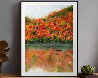 Adirondacks - aquarelprint, New York, bergen, landschap, natuur, dieren in het wild, avontuur, herfst, val, bos, meer
