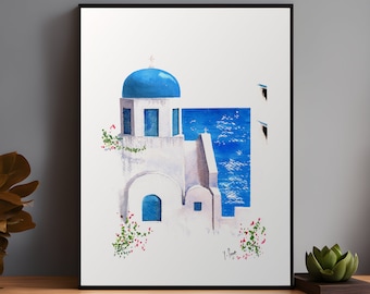 Santorini Greece Watercolor Print: Iconic White & Blue Houses