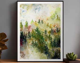 May include: Watercolor painting of a forest scene with green trees and a light blue sky. The trees are painted in a loose, impressionistic style, and the sky is filled with soft, white clouds. The painting is framed in a black frame.
