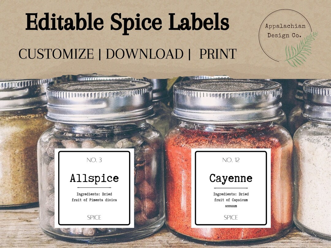 Custom spice jar labels for kitchen spice cabinet or spice rack