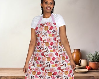 Abstract Country Floral Apron, Flowers and Teacups Kitchen Apron, 5-Color Straps, Gift for Her, Chefs Apron